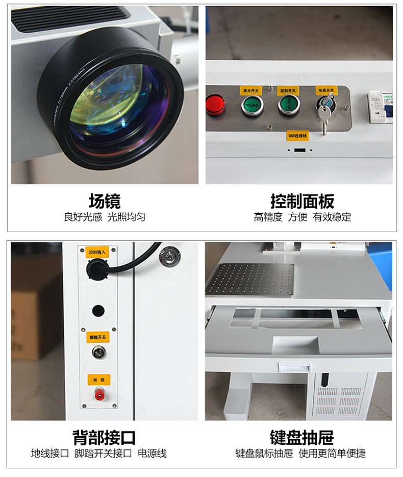 臺式小型光纖激光打碼機的場鏡、控制面板、背部接口、鍵盤抽屜展示圖